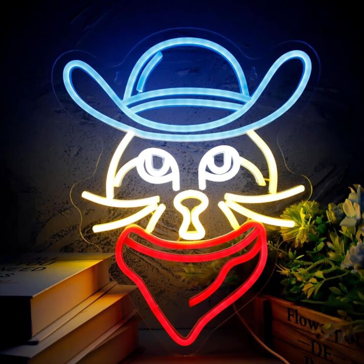 Brighten Up Your Bar, Bedroom, or Gaming Space with the Adorable Cute Cat In Dark Blue Cowboy Hat Neon Sign.