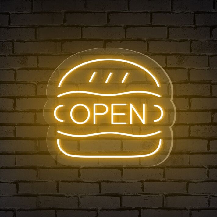 Brighten Up Your Burger Shop, Bar, or Food Truck Ambiance with the Open Word Neon Sign.
