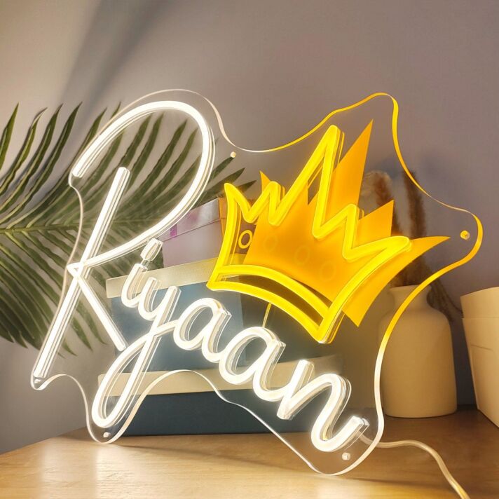 Light Up Your Space with Personal Touch: Riyaan Initial Crowned Letters Personalized UV Neon Sign for Weddings, Home Decor, and Bars.