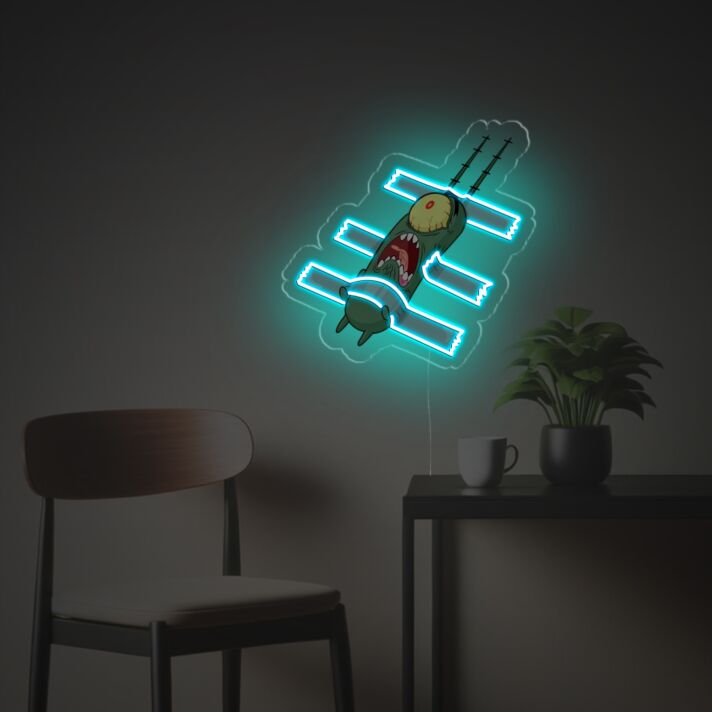 Brighten Up Your Space: Ideal for Weddings, Bars, and Home Decor, the Plankton Stucked With Tape LED Neon Acrylic Artwork Adds a Unique Touch.