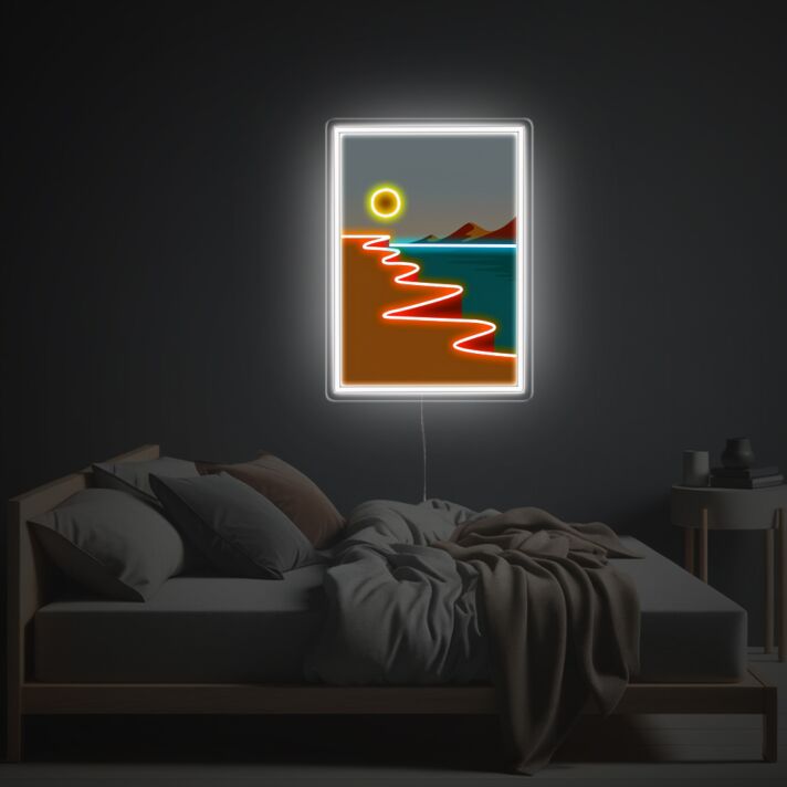 Bring the Glow of a Perfect Sunset to Your Bedroom, Office, or Beach-Themed Party with Sunset On The Beach Sence LED Neon Acrylic Artwork.
