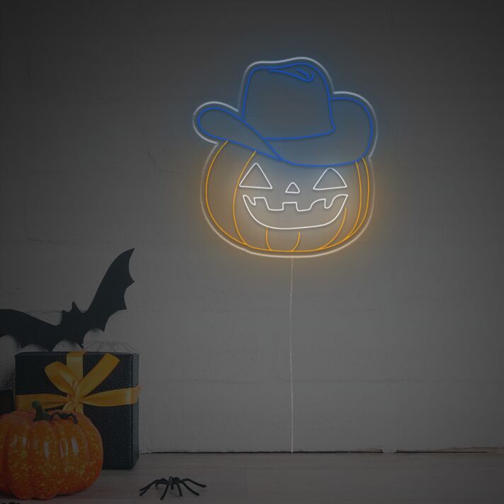 Brighten Your Halloween Festivities and Theme Parties with the Halloween Smiling Pumpkin With Cowboy Hat LED Neon Sign.