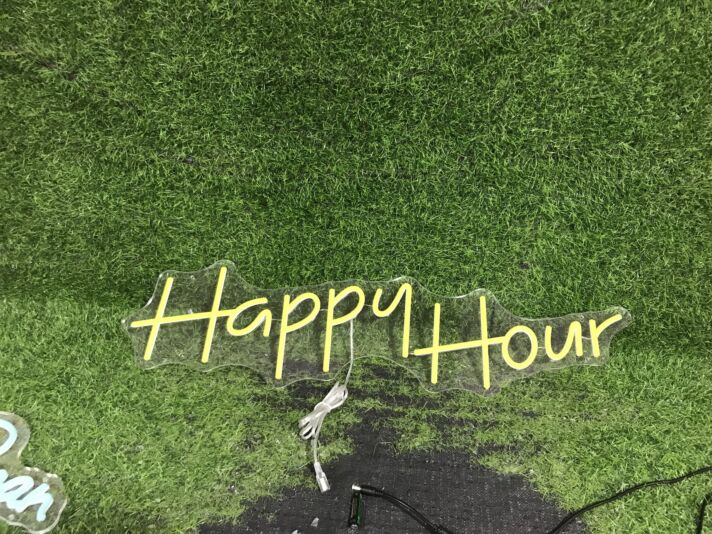 Brighten Your Bar, Office, or Home Space: Celebrate Every Moment with the Happy Plus Hour Yellow LED Neon Sign.