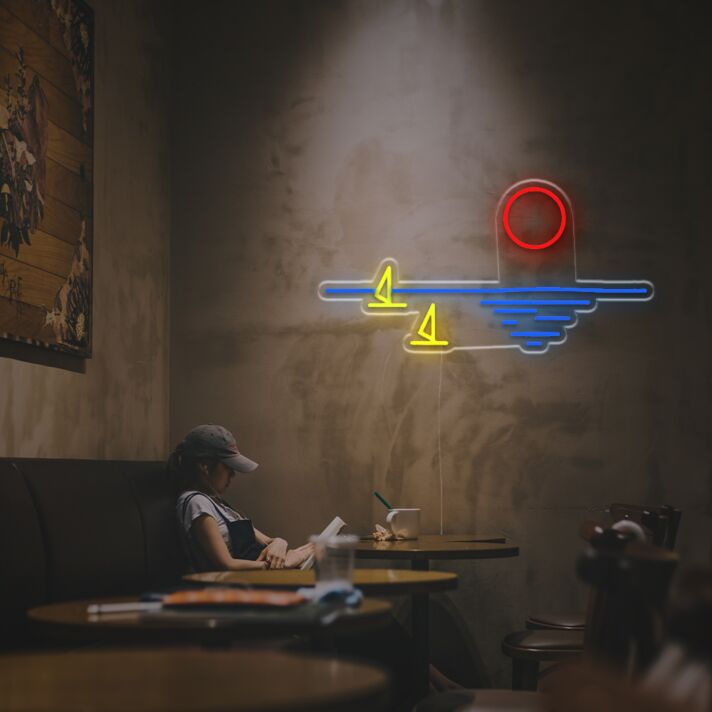 Elevate your bar, office, or wedding ambiance with the Sunset With Sailboat And Sea Level LED Neon Sign.
