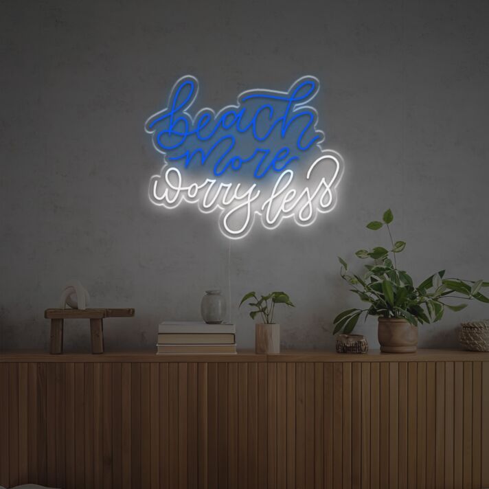 Brighten Your Beach House, Bar, or Tropical-Themed Party with the Beach More Worry Less LED Neon Sign.