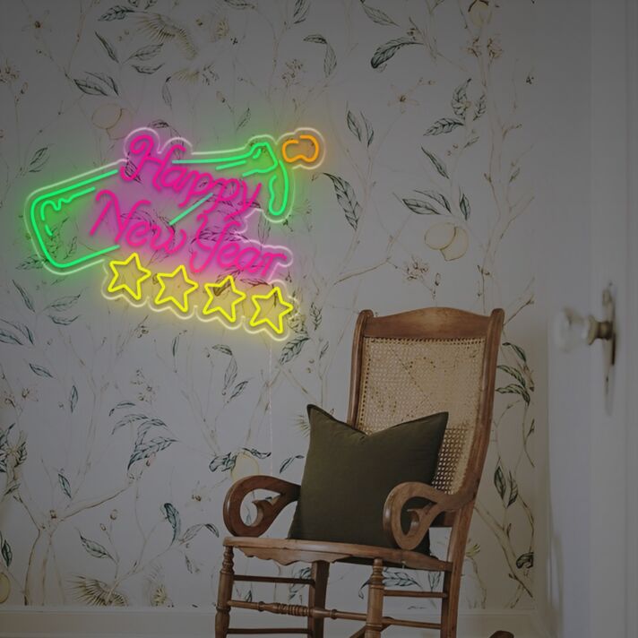 Celebrate in Style: Brighten Up Your New Year's Eve, Parties, and Special Events with the Happy New Year With Stars And Champagne LED Neon Sign.