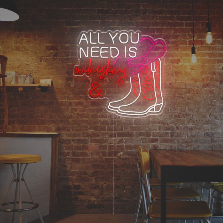 Elevate your bar or man cave ambiance with the All You Need Is Whiskey And Cow Boy Boost LED Neon Sign.