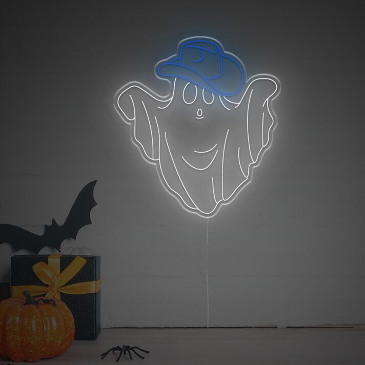 Add a Playful Western Glow to Your Bar, Game Room, or Halloween Event with the Ghost With Cowboy Hat And Boots LED Neon Sign.