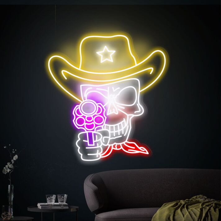 Transform Your Game Room, Bar, or Man Cave with the Cowboy Skull Neon Sign Skull And Revolver Neon Lights Decor.