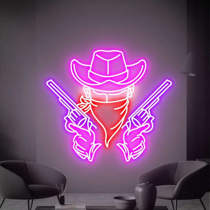 Brighten Up Your Space: Perfect for Bars, Home Decor, and Wild West Theme Parties - Cowboy With Double Double Gun Neon Sign.