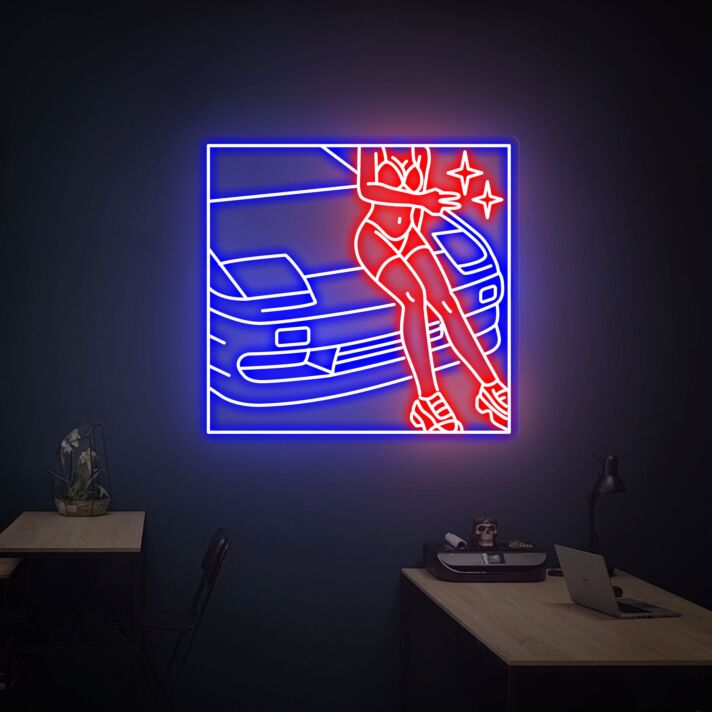 Rev Up Your Game Room and Add Vibrant Elegance to Bars and Parties with the Super Car And Beautiful Girl Color Game Room Neon Sign.