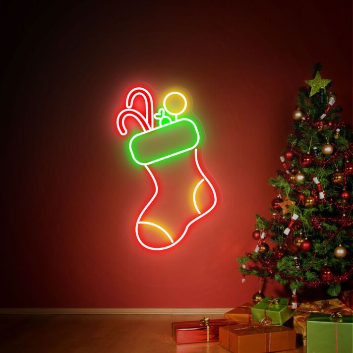 Brighten Up Your Festivities: Christmas Stocking Decor Wall Art Winter Decor LED Neon Sign for Home, Office, and Holiday Celebrations.