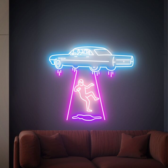 Elevate Your Space with Adventure: Perfect for Kids' Rooms, Themed Parties, and Sci-Fi Bars - Flying Car Led Neon Sign Kidnapping Alien Neon Light Sign