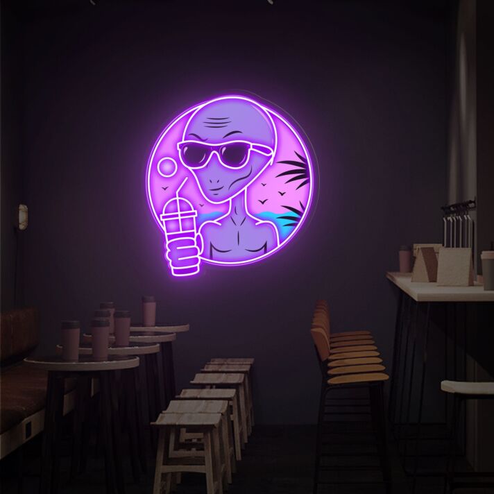 Brighten Up Your Café or Themed Party with the Quirky Print Acrylic Board Alien Drinking Milk Tea LED UV Neon Sign.