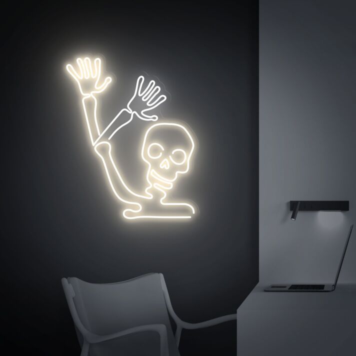 Light Up Your Halloween Bash and Spookify Your Space with Waving Skeleton Led Neon Sign Skull Led Light for Home Decor, Office, Store, and Bar Celebrations.
