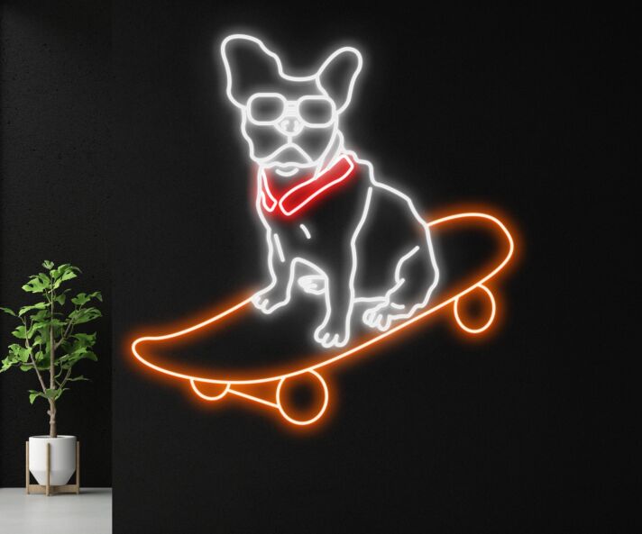 Brighten Your Bar, Home, or Skate Shop with the Playful Cute Dog Skateboarder Led Sign Bulldog Led Neon Sign.