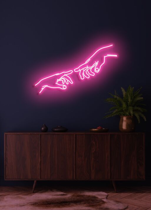 Touching hands Neon Connection and Humanity in Light