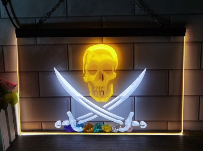 Pirates Skull and Swords Two Tone Hanging Neon Sign