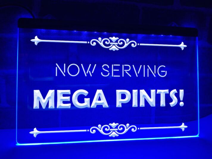 Now Serving Mega Pints Hanging Neon Sign