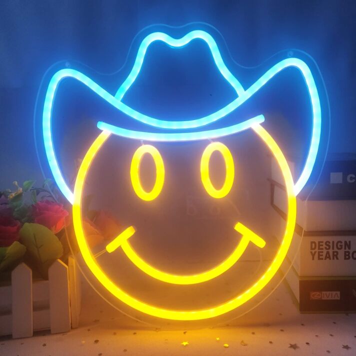 Smiley Face with Cowboy Hat Neon Sign