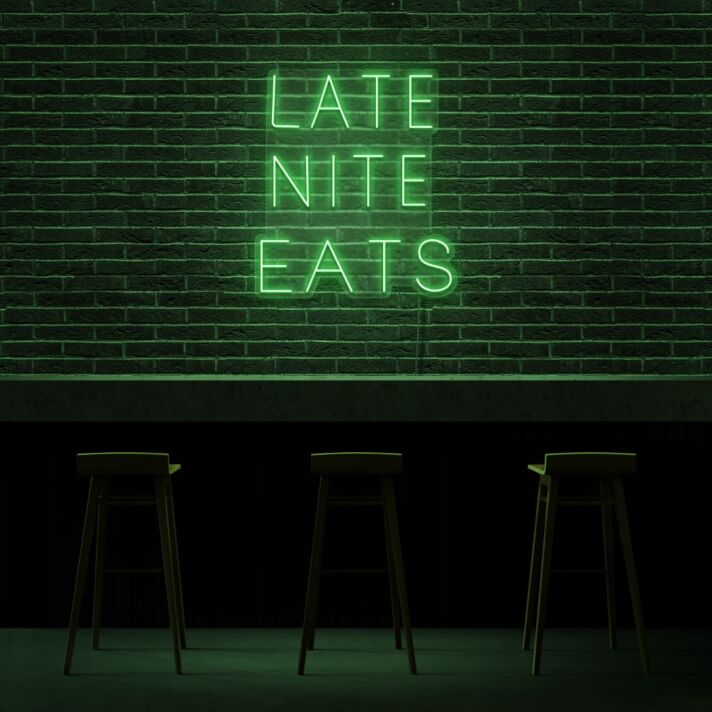 Late Night Eats Neon Sign for Night Owls and Fun Spaces