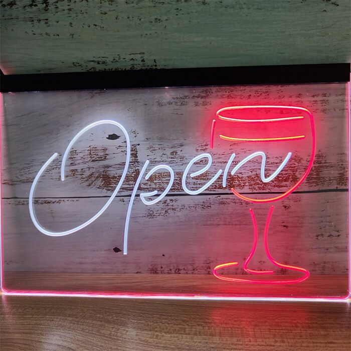Open Wine Glass Cocktails Dual LED Neon Sign for Bars and Social Spaces