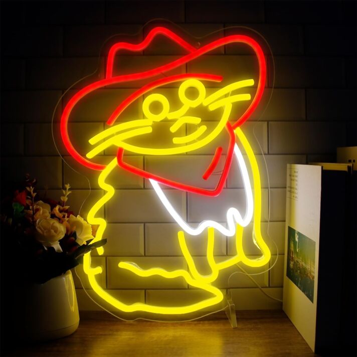 Funny Cat Neon Sign in Red Cowboy Hat Kids Room