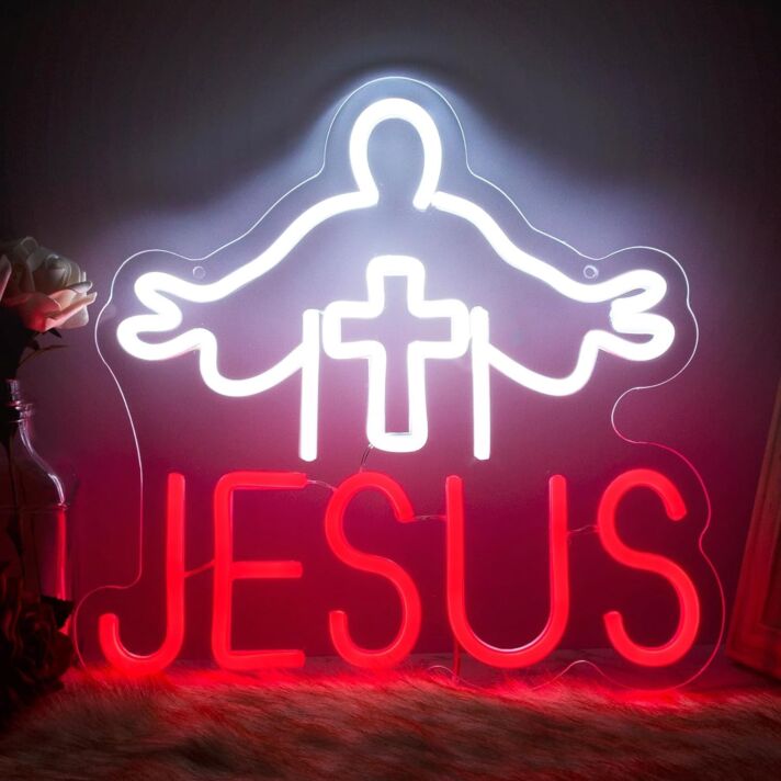Red Jesus Text and White Cross Neon Sign Religious Event