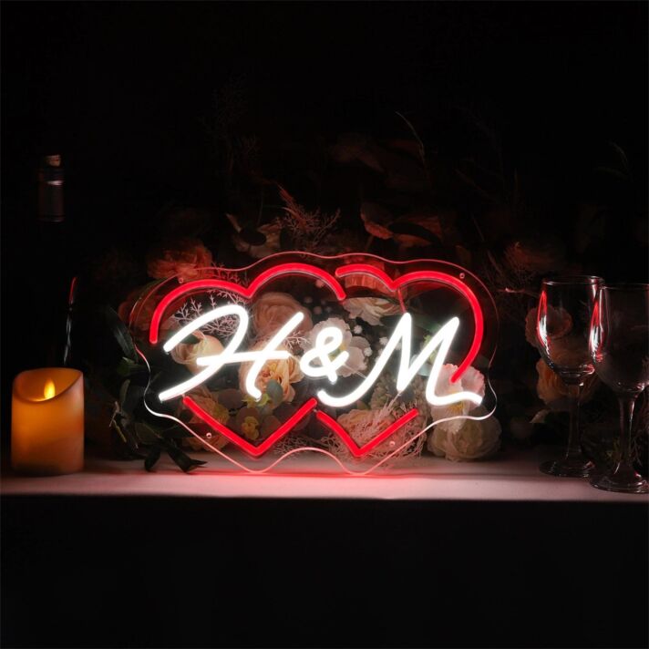 Customize a Romantic Touch to Weddings, Anniversaries, and Home Decor with the Couple Initials Heart Shapes H M Personalized LED Neon Sign.