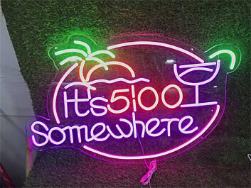 Enhance your bar, man cave, or weekend gatherings with the &#039;It&#039;s 5 Pm Somewhere Party LED Neon Sign&#039; - Perfect for any festivity!