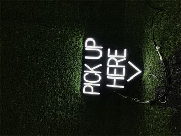 Brighten Your Bar, Cafe, or Food Truck Ambiance with the Pick Up Here In Black Board LED Neon Sign.
