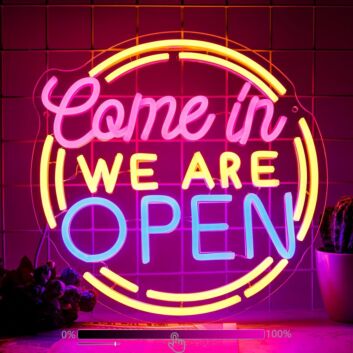 Welcome guests and elevate your business ambiance with the Come In We Are Open Neon Sign, perfect for bars, cafes, and retail stores.