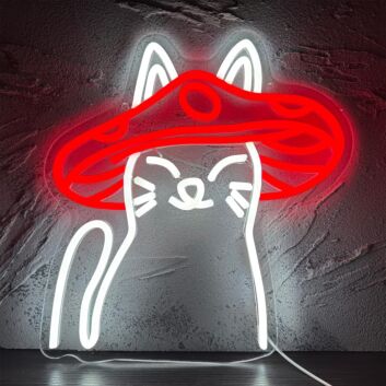 Brighten Your Space: Cute Cat Wearing Red Mushroom Hat Neon Sign for Home Decor, Kids' Rooms, and Quirky Cafes.