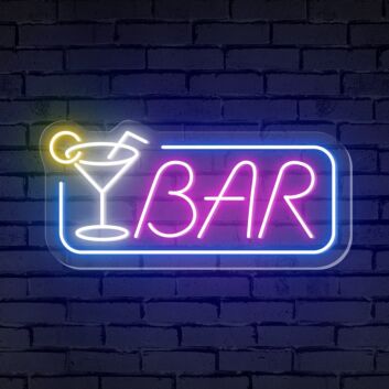 Enhance Your Bar, Office, or Event Space with the Elegant Glow of Bar Word Cocktail Glass Rectangle Frame Neon Sign.