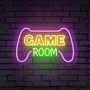 Enhance your gaming sanctuary or add a cool vibe to parties with the Game Room Words Console Controller Neon Sign.