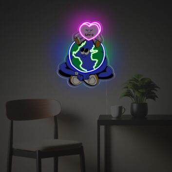 Brighten Up Your Space: Perfect for Weddings, Bars, and Home Decor with Pinky Heart Sitting On The Earth Guy LED Neon Acrylic Artwork.