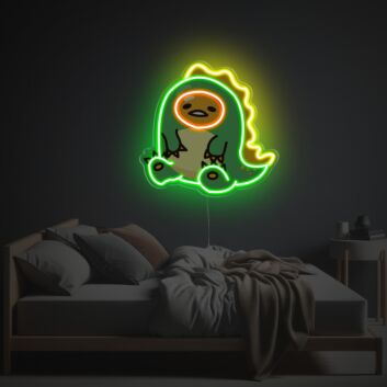 Enhance your home, office, and evening events with the vibrant Sitting Yolk Man In Dinosaur Suit LED Neon Acrylic Artwork.