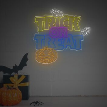 Brighten Up Your Halloween Festivities: Perfect for Home Decor, Office, and Parties with the Halloween Trick Or Treat With Bat Or Pumpkin LED Neon Sign.
