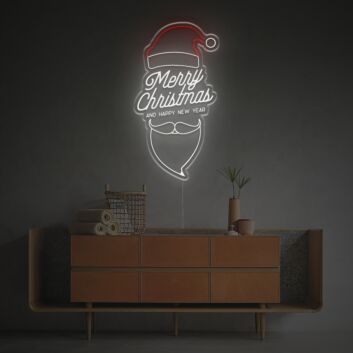 Brighten Your Holiday Celebrations at Home, Office, or Store with the Merry Christmas and Happy New Year with Christmas Hat LED Neon Sign.