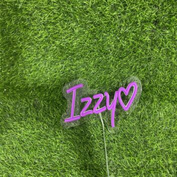 Brighten Your Space: Izzy With Heart Purple LED Neon Sign for Home Decor, Bars, and Romantic Weddings.