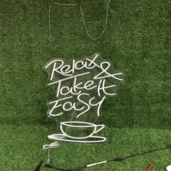 Brighten Your Coffee Corner, Office, or Cafe Ambiance with the Relax And Take It Easy With Coffee Yellow LED Neon Sign.