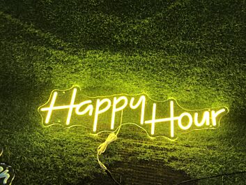 Brighten Your Bar, Office, or Home Space: Celebrate Every Moment with the Happy Plus Hour Yellow LED Neon Sign.