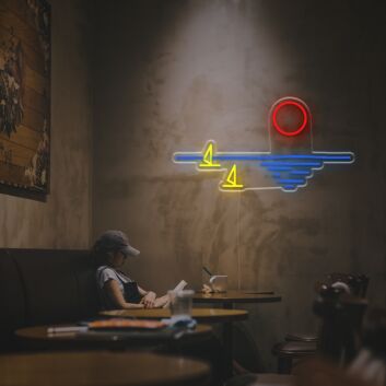 Elevate your bar, office, or wedding ambiance with the Sunset With Sailboat And Sea Level LED Neon Sign.