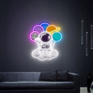 Light Up Your Space Adventures: Astronauts Sitting On Cloud Space UV Neon Sign Perfect for Kids’ Rooms, Home Offices, and Sci-Fi Themed Parties.