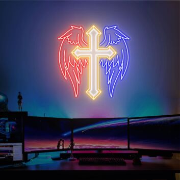 Brighten Your Sacred Spaces and Celebrations: Cross With Wing Neon Sign for Divine Home, Office, and Event Decor, Perfect for Weddings, Parties, and Game Rooms.