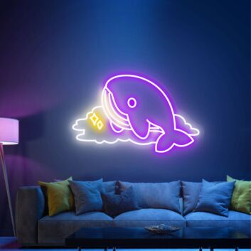 Transform your space into a whimsical wonderland with Cute Whale Neon Sign Whale Flying Sign Wall Decor Art - Perfect for Nurseries, Playrooms, and Enchanting Themed Parties.