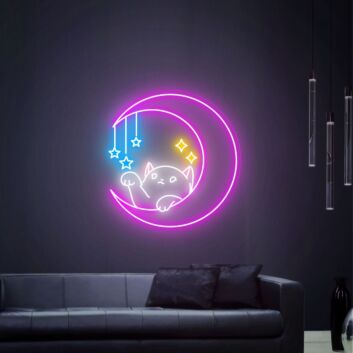 Brighten Your Space: Cat And Moon Bedroom Decor Animal Lover Led Neon Sign Perfect for Home, Office, and Wedding Settings