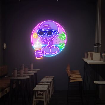 Brighten Up Your Café or Themed Party with the Quirky Print Acrylic Board Alien Drinking Milk Tea LED UV Neon Sign.