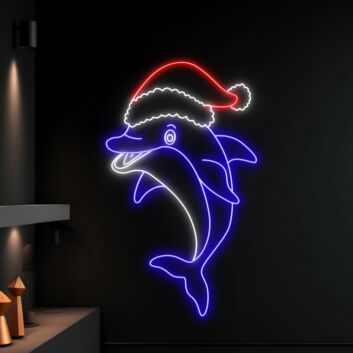 Brighten Up Your Festivities: Dolphin Christmas Hat Led Neon Sign for Sea Animal Enthusiasts - The Perfect Addition to Home Decor, Office Celebrations, and Holiday Parties.