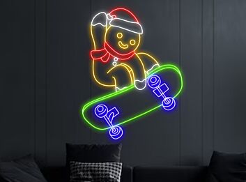 Brighten Up Your Holidays: Perfect for Christmas Decor, Parties, and Kids Rooms - Gingerbread Man Skateboarding Led Neon Sign.